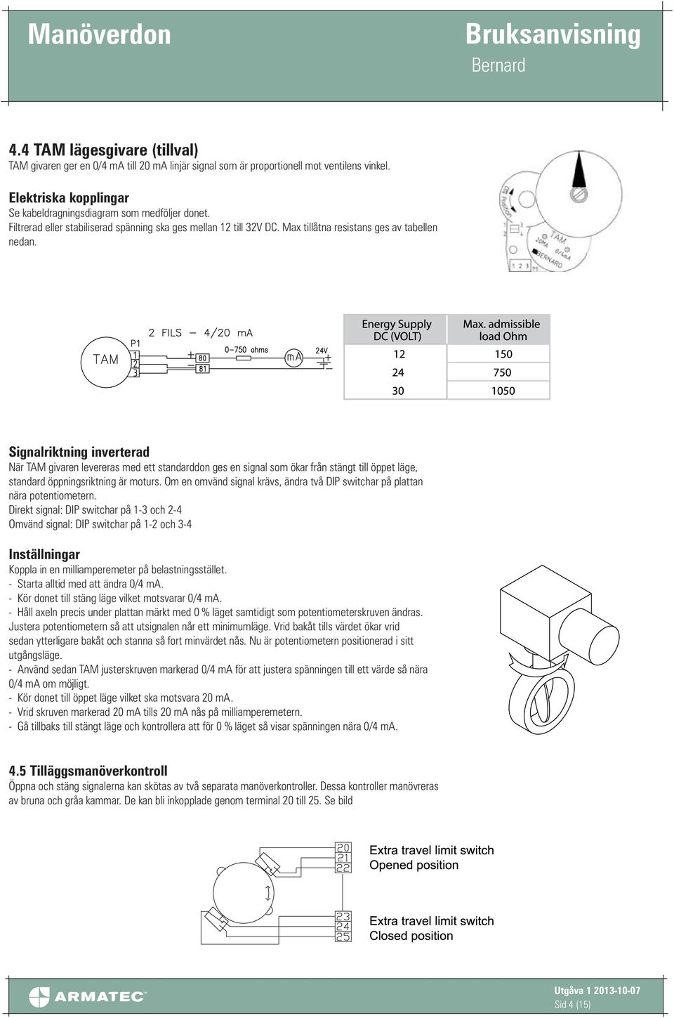 Signalriktning inverterad När TAM givaren levereras med ett standarddon ges en signal som ökar från stängt till öppet läge, standard öppningsriktning är moturs.