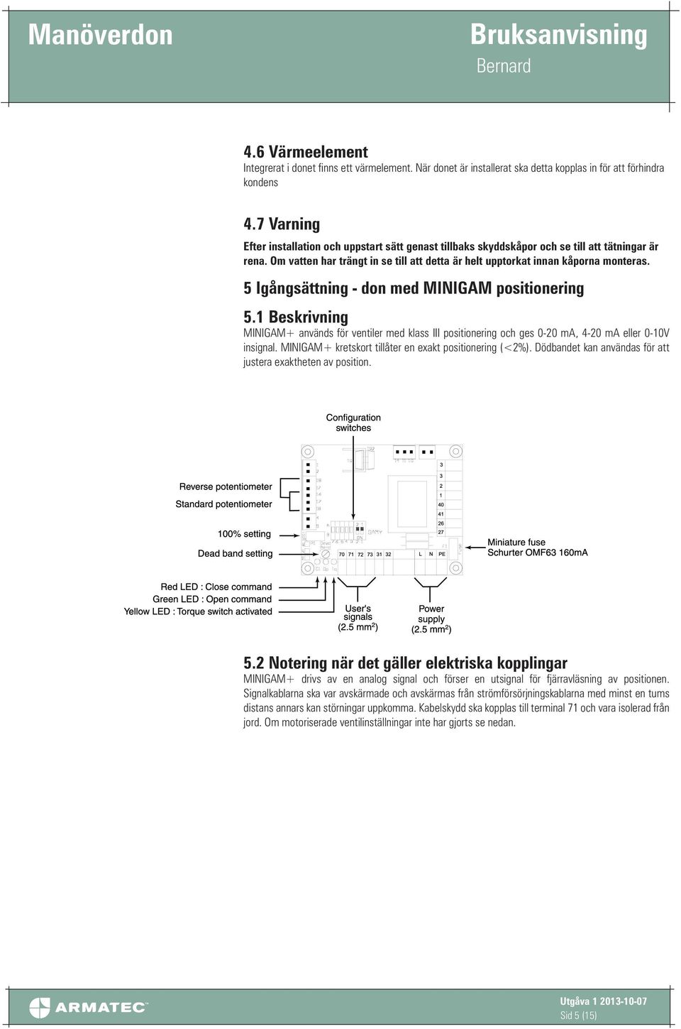 5 Igångsättning - don med MINIGAM positionering 5.1 Beskrivning MINIGAM+ används för ventiler med klass III positionering och ges 0-20 ma, 4-20 ma eller 0-10V insignal.