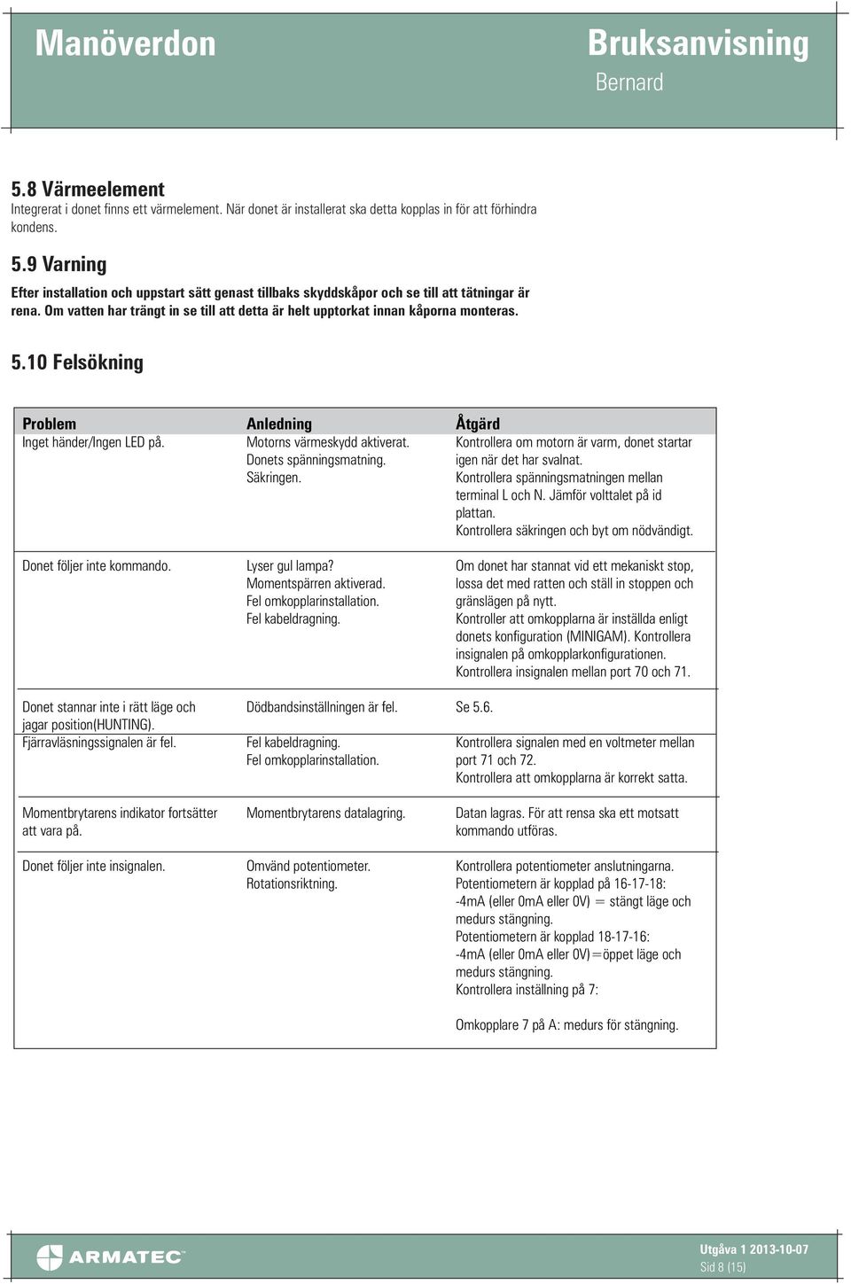 10 Felsökning Problem Inget händer/ingen LED på. Donet följer inte kommando. Donet stannar inte i rätt läge och jagar position(hunting). Fjärravläsningssignalen är fel.