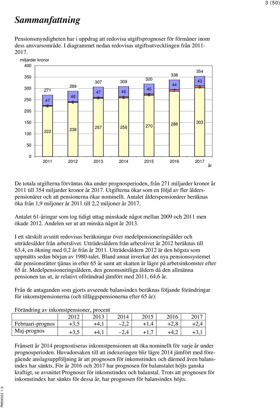 förväntas öka under prognosperioden, från 271 miljarder kronor år 2011 till 354 miljarder kronor år 2017. Utgifterna ökar som en följd av fler ålderspensionärer och att pensionerna ökar nominellt.