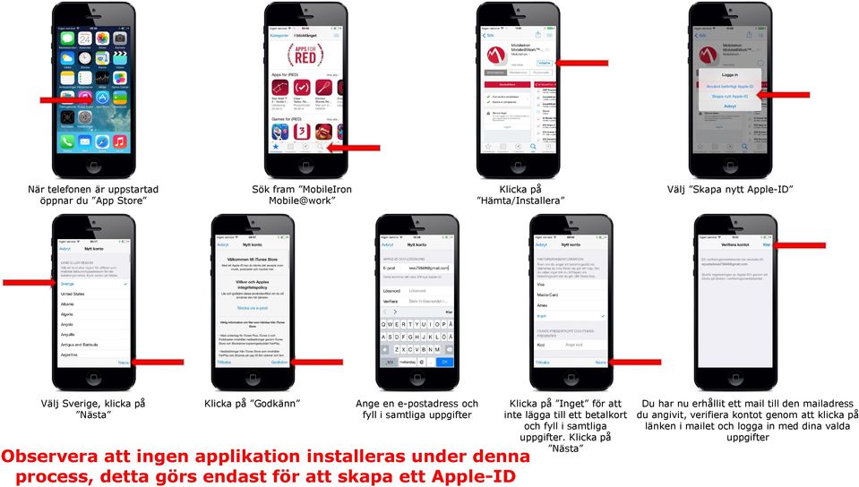 process, detta görs endast för att skapa ett Apple-ID Klicka på Inget för att inte lägga till ett betalkort och fyll i samtliga uppgifter.