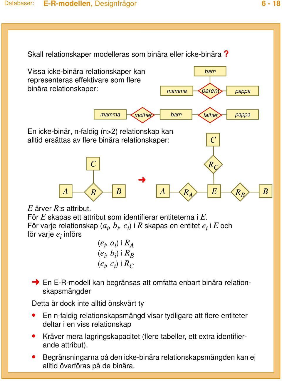 alltid ersättas av flere binära relationskaper: C C R C A R B A R A E R B B E ärver R:s attribut. För E skapas ett attribut som identifierar entiteterna i E.