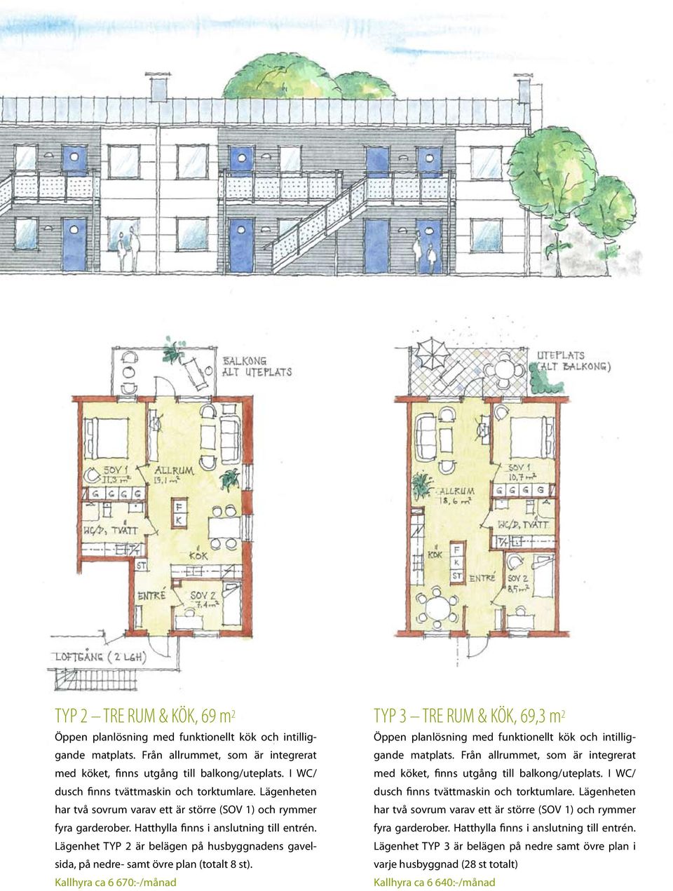 Lägenhet TYP 2 är belägen på husbyggnadens gavelsida, på nedre- samt övre plan (totalt 8 st).