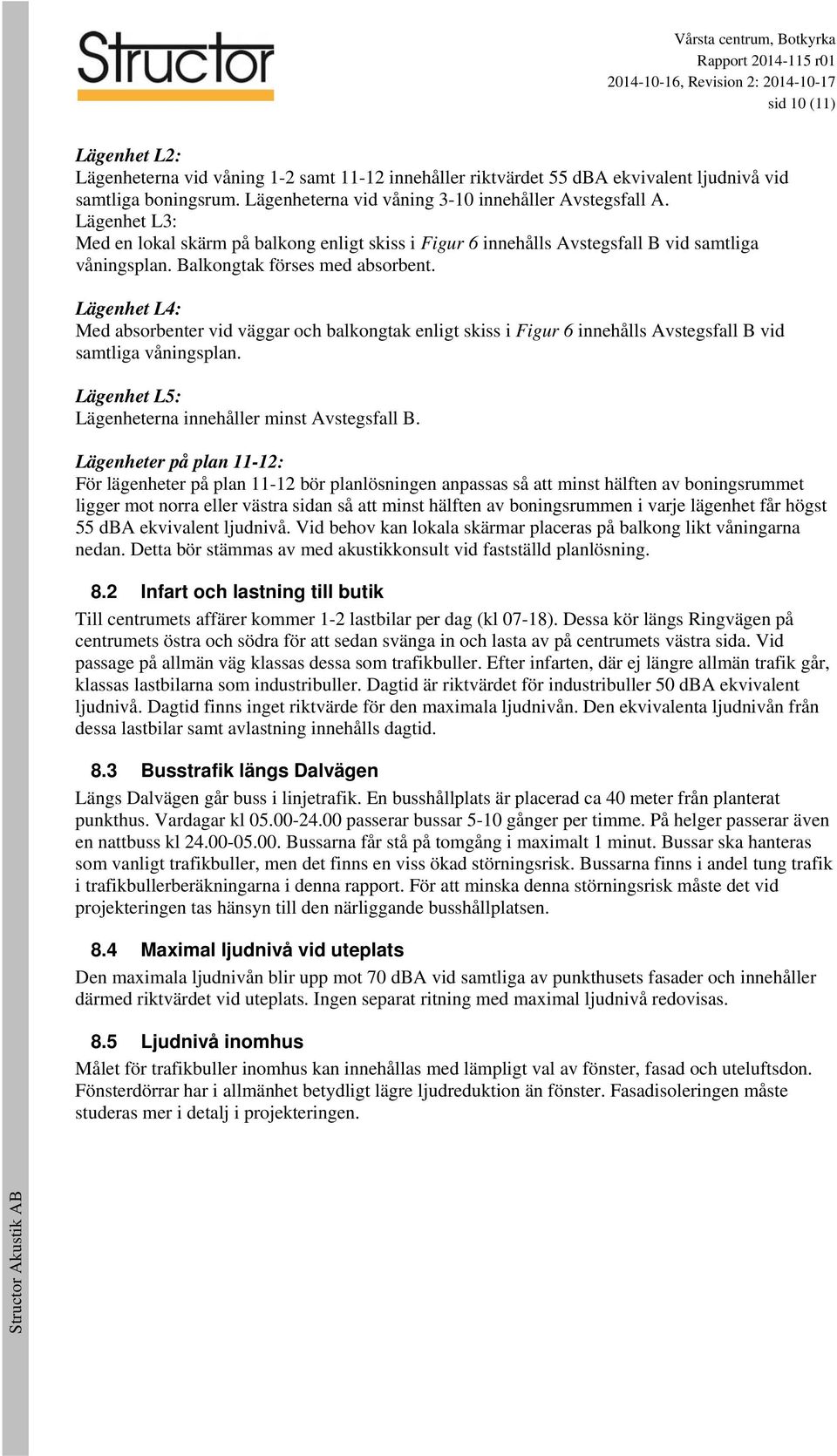 Lägenhet L4: Med absorbenter vid väggar och balkongtak enligt skiss i Figur 6 innehålls Avstegsfall B vid samtliga våningsplan. Lägenhet L5: Lägenheterna innehåller minst Avstegsfall B.