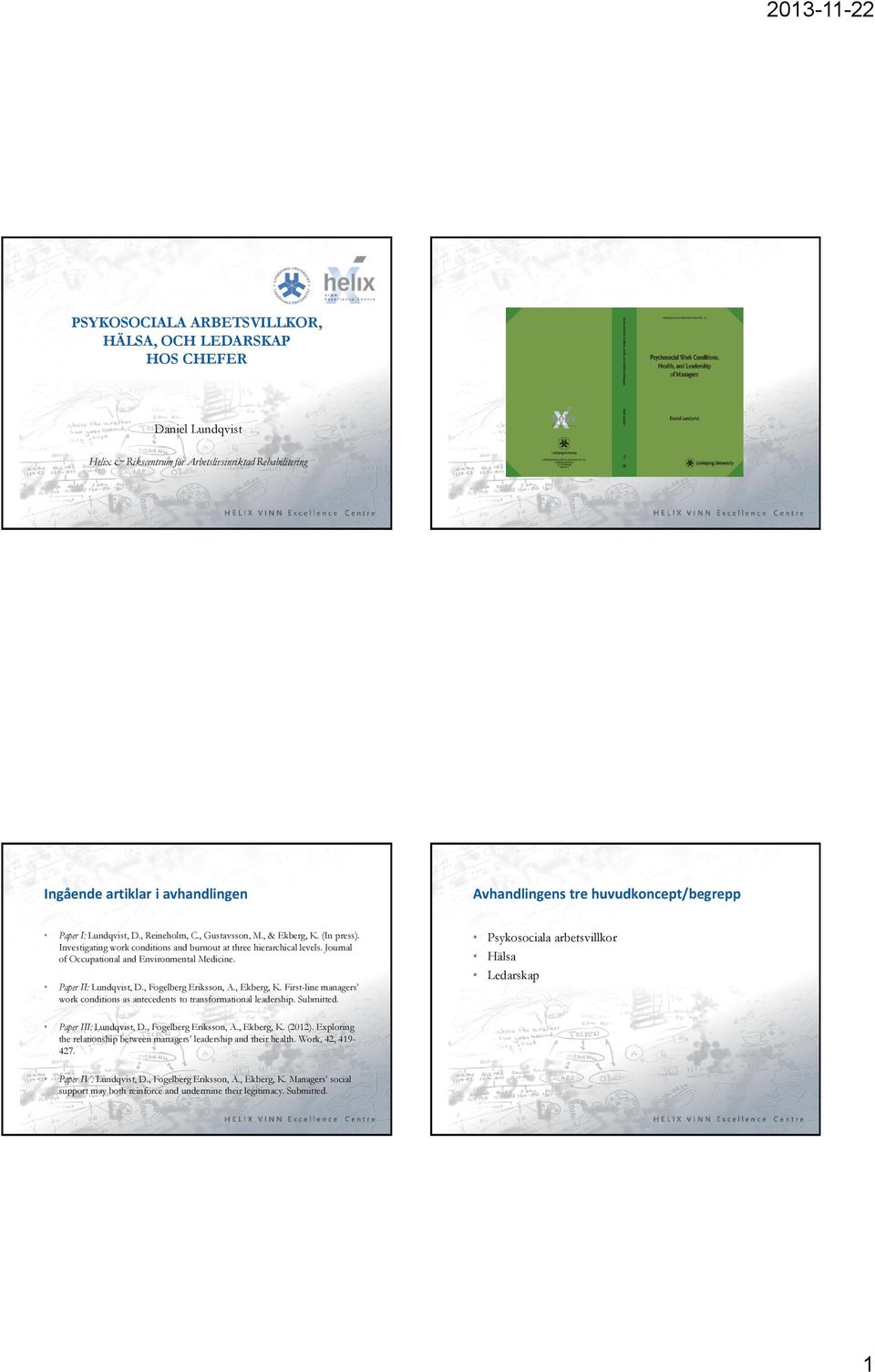 Journal of Occupational and Environmental Medicine. Paper II: Lundqvist, D., Fogelberg Eriksson, A., Ekberg, K. First-line managers work conditions as antecedents to transformational leadership.