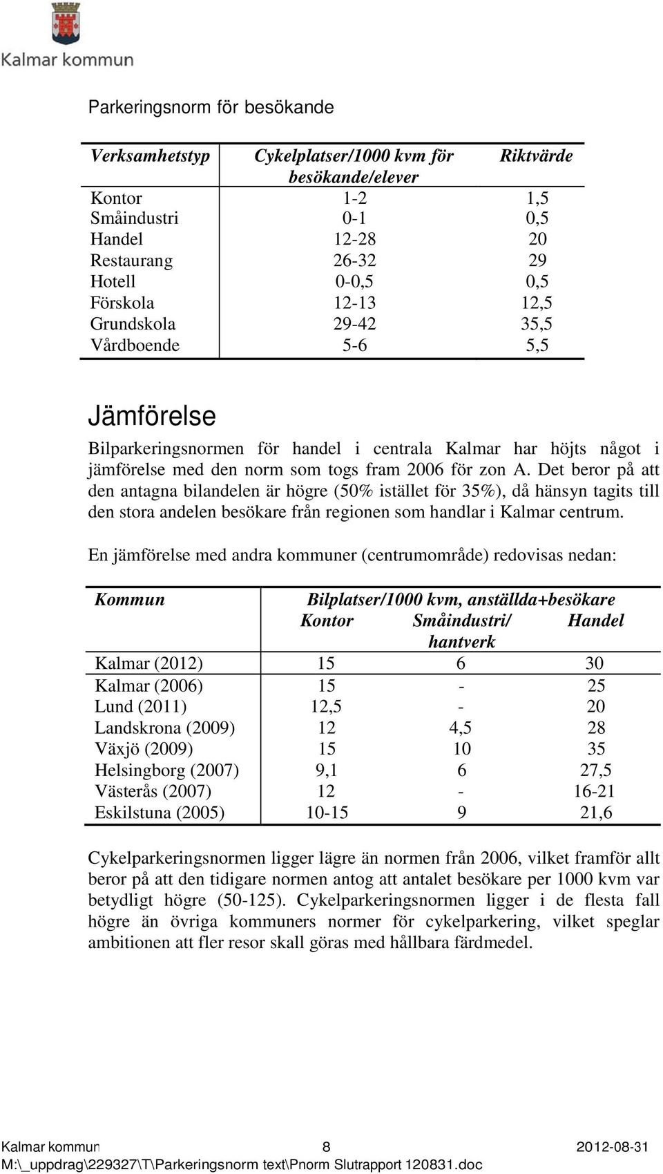 Det beror på att den antagna bilandelen är högre (50% istället för 35%), då hänsyn tagits till den stora andelen besökare från regionen som handlar i Kalmar centrum.