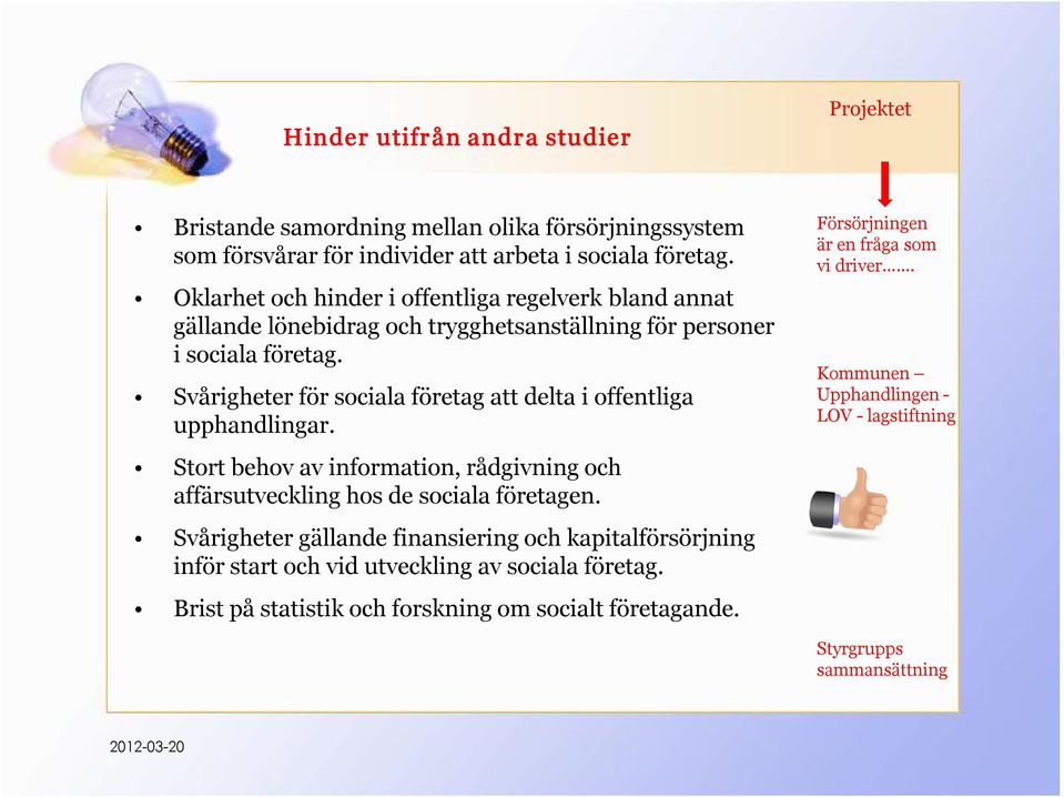 Svårigheter för sociala företag att delta i offentliga upphandlingar. Stort behov av information, rådgivning och affärsutveckling hos de sociala företagen.