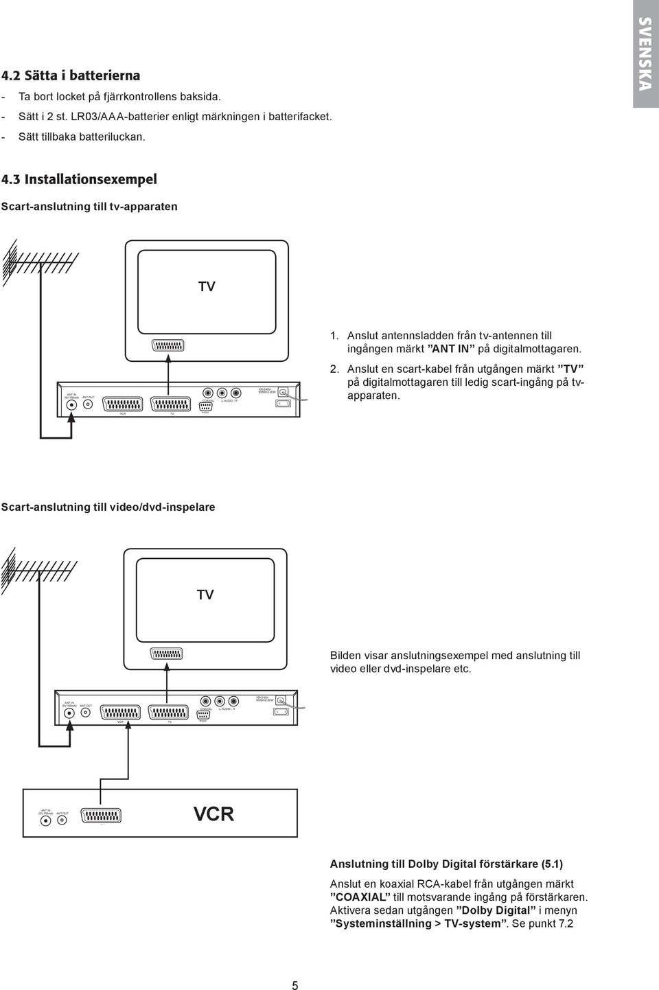 Anslut en scart-kabel från utgången märkt på digitalmottagaren till ledig scart-ingång på tvapparaten.