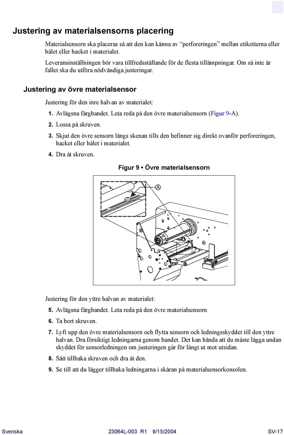 Justering av övre materialsensor Justering för den inre halvan av materialet: 1. Avlägsna färgbandet. Leta reda på den övre materialsensorn (Figur 9-A). 2. Lossa på skruven. 3.