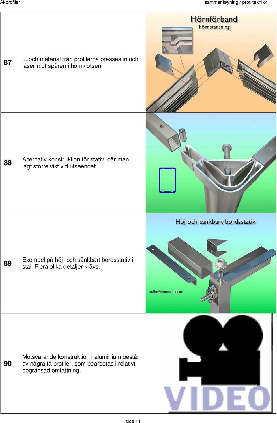 89 Exempel på höj- och sänkbart bordsstativ i stål. Flera olika detaljer krävs.