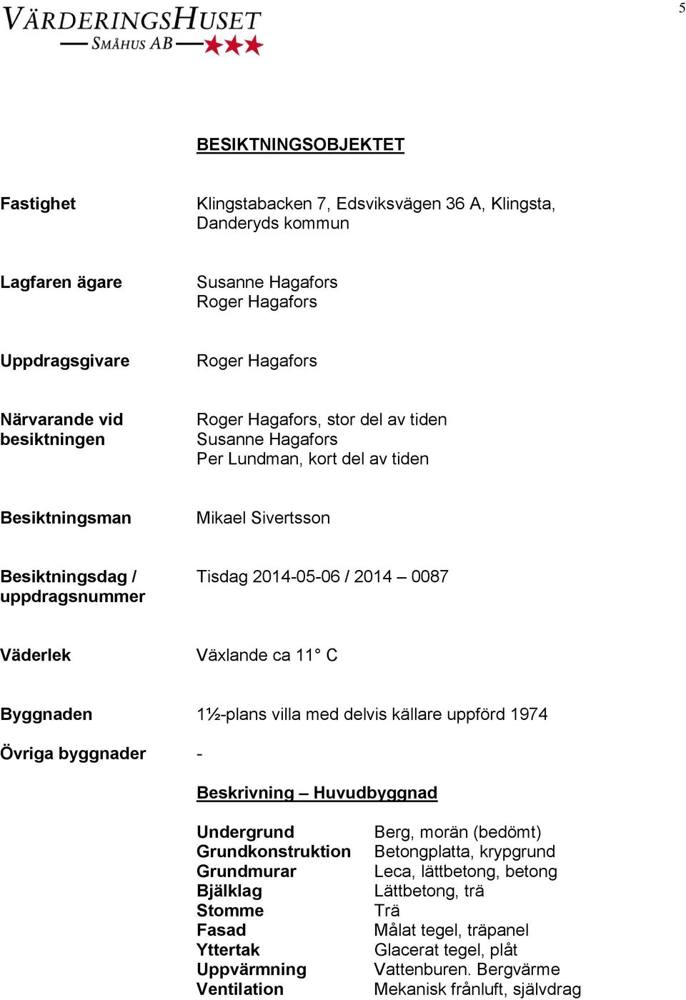 Väderlek Växlande ca 11 C Byggnaden 1½-plans villa med delvis källare uppförd 1974 Övriga byggnader - Beskrivning Huvudbyggnad Undergrund Grundkonstruktion Grundmurar Bjälklag Stomme Fasad