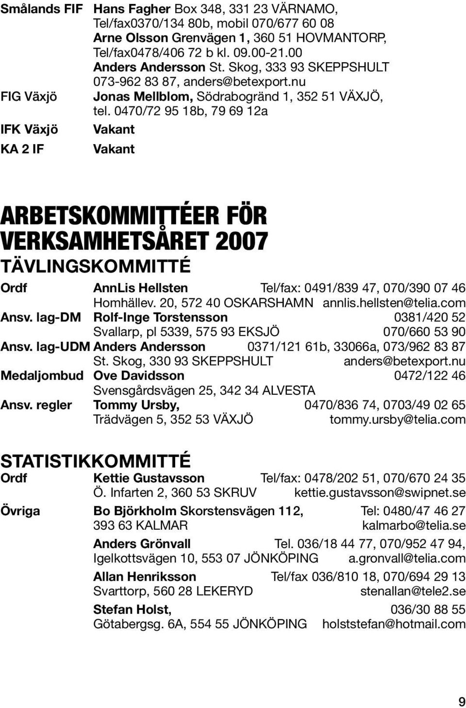0470/72 95 18b, 79 69 12a IFK Växjö Vakant KA 2 IF Vakant Arbetskommittéer för verksamhetsåret 2007 TÄVLINGSKOMMITTÉ Ordf AnnLis Hellsten Tel/fax: 0491/839 47, 070/390 07 46 Homhällev.