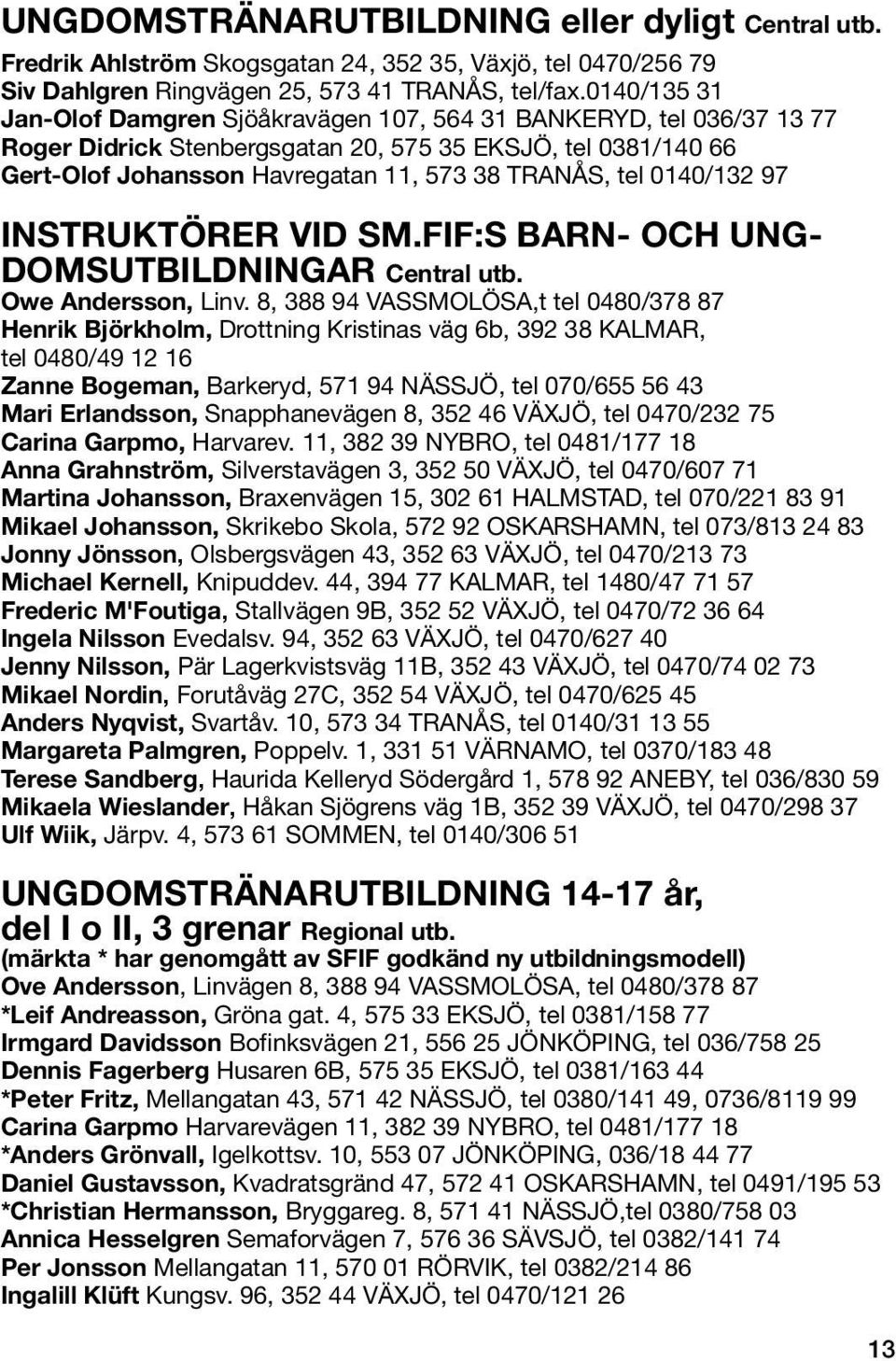 0140/132 97 INSTRUKTÖRER VID SM.FIF:S BARN- OCH UNG- DOMSUTBILDNINGAR Central utb. Owe Andersson, Linv.