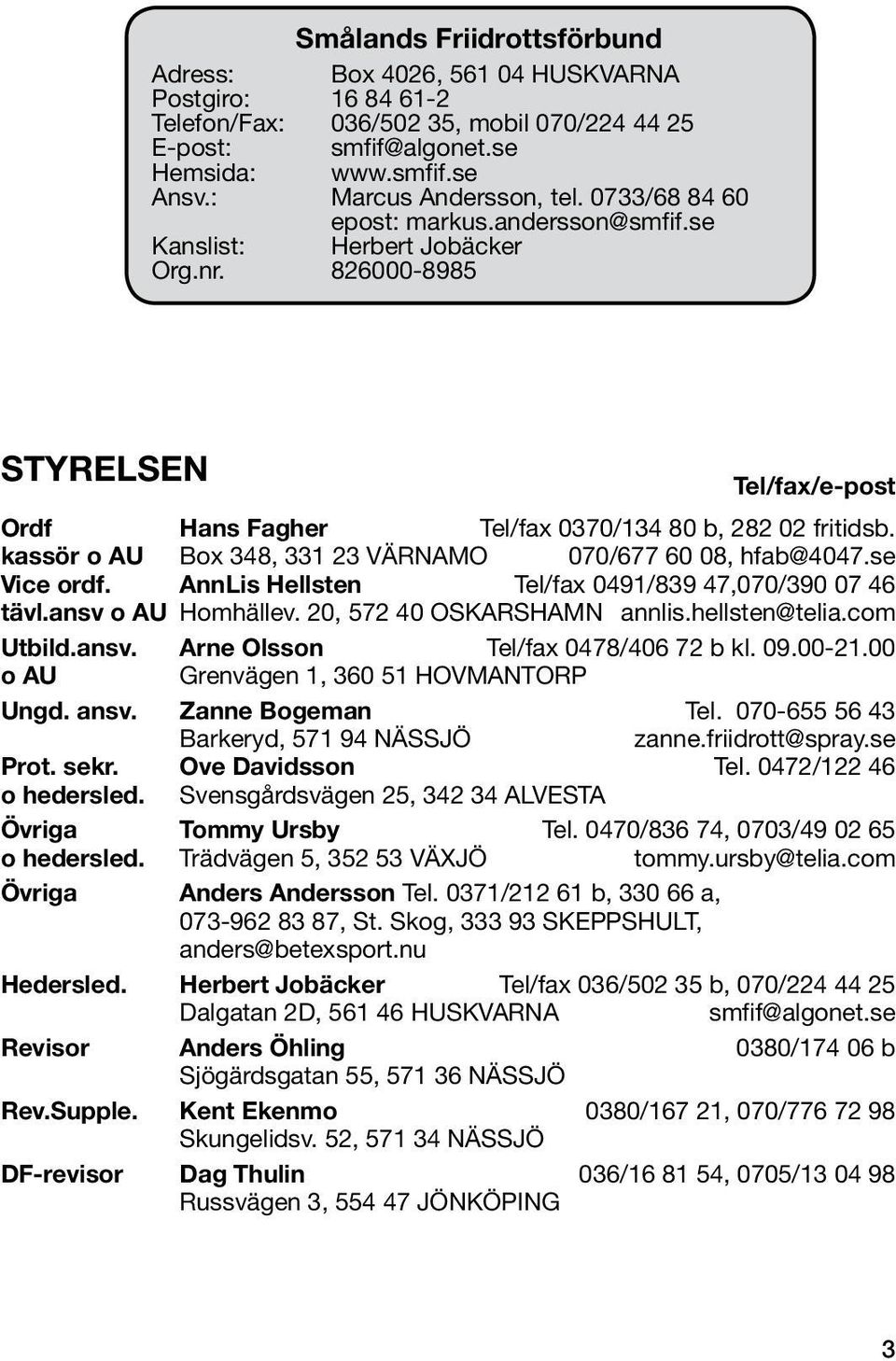 kassör o AU Box 348, 331 23 VÄRNAMO 070/677 60 08, hfab@4047.se Vice ordf. AnnLis Hellsten Tel/fax 0491/839 47,070/390 07 46 tävl.ansv o AU Homhällev. 20, 572 40 OSKARSHAMN annlis.hellsten@telia.