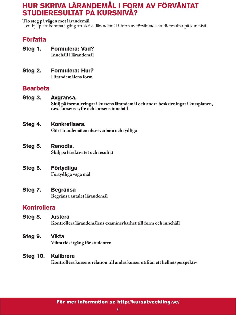 Skilj på formuleringar i kursens lärandemål och andra beskrivningar i kursplanen, t.ex. kursens syfte och kursens innehåll Steg 4. Konkretisera. Gör lärandemålen observerbara och tydliga Steg 5.