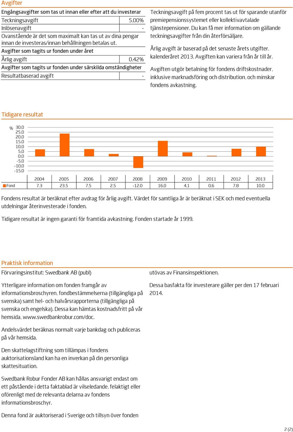 Avgifter som tagits ur fonden under året Årlig avgift 0,42% Avgifter som tagits ur fonden under särskilda omständigheter Resultatbaserad avgift - Teckningsavgift på fem procent tas ut för sparande