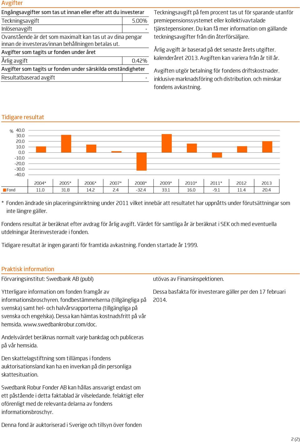 Avgifter som tagits ur fonden under året Årlig avgift 0,42% Avgifter som tagits ur fonden under särskilda omständigheter Resultatbaserad avgift - Teckningsavgift på fem procent tas ut för sparande