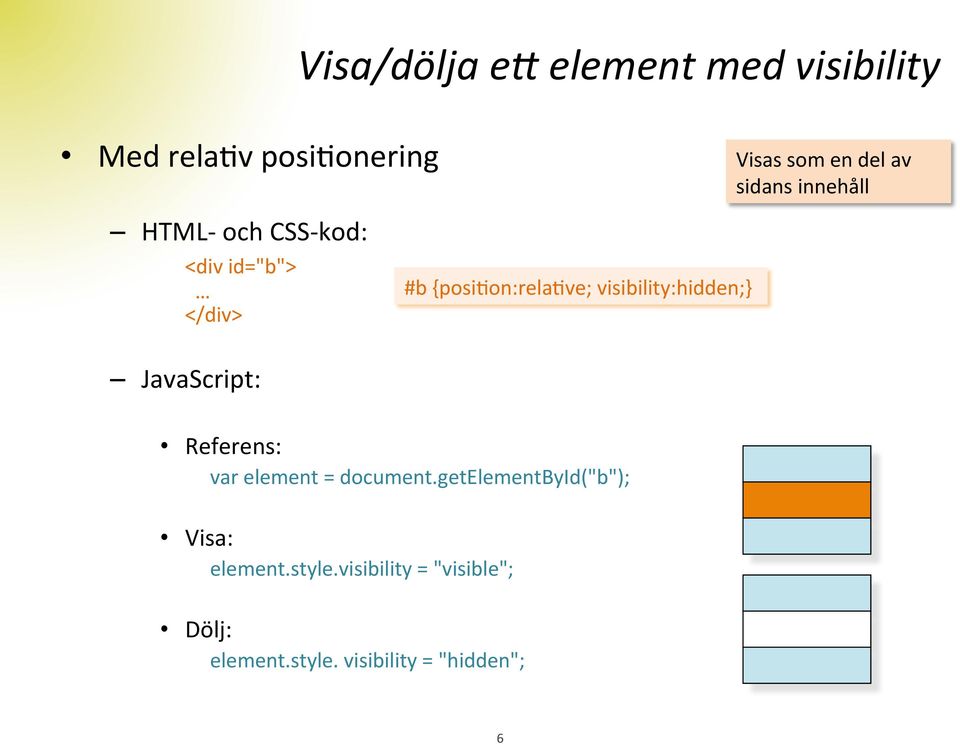 visibility:hidden;} JavaScript: Referens: var element = document.
