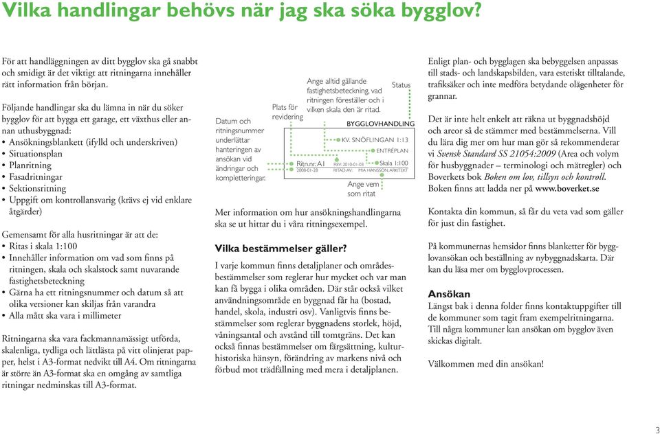 Fasadritningar Sektionsritning Uppgift om kontrollansvarig (krävs ej vid enklare åtgärder) Gemensamt för alla husritningar är att de: Ritas i skala 1:100 Innehåller information om vad som finns på