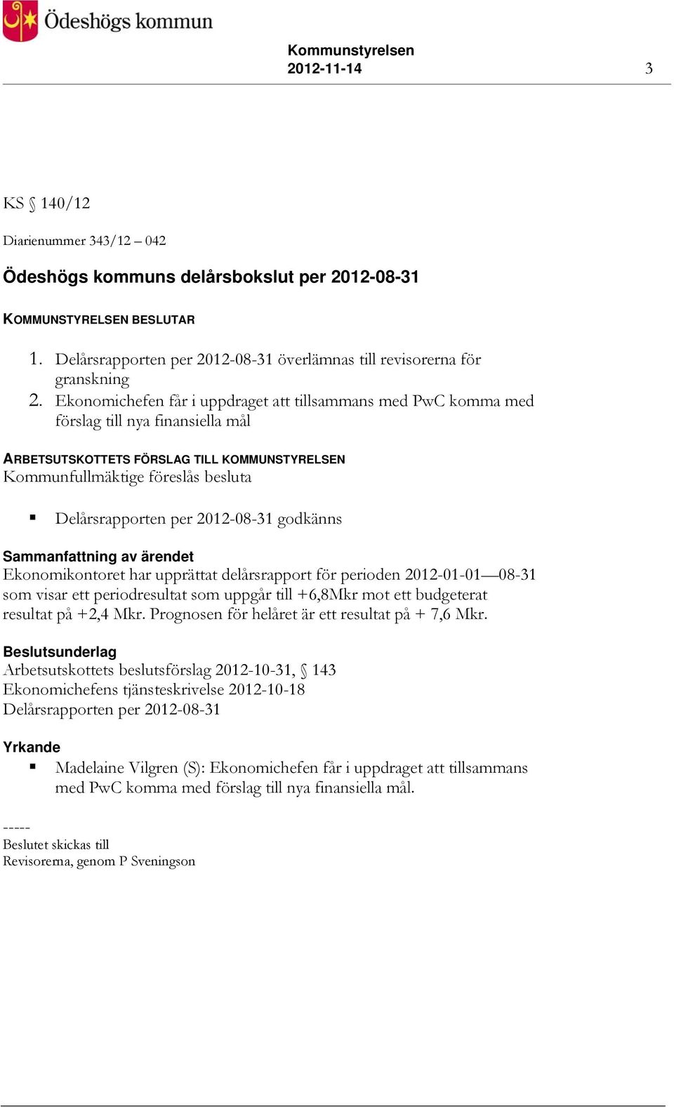 2012-08-31 godkänns Ekonomikontoret har upprättat delårsrapport för perioden 2012-01-01 08-31 som visar ett periodresultat som uppgår till +6,8Mkr mot ett budgeterat resultat på +2,4 Mkr.
