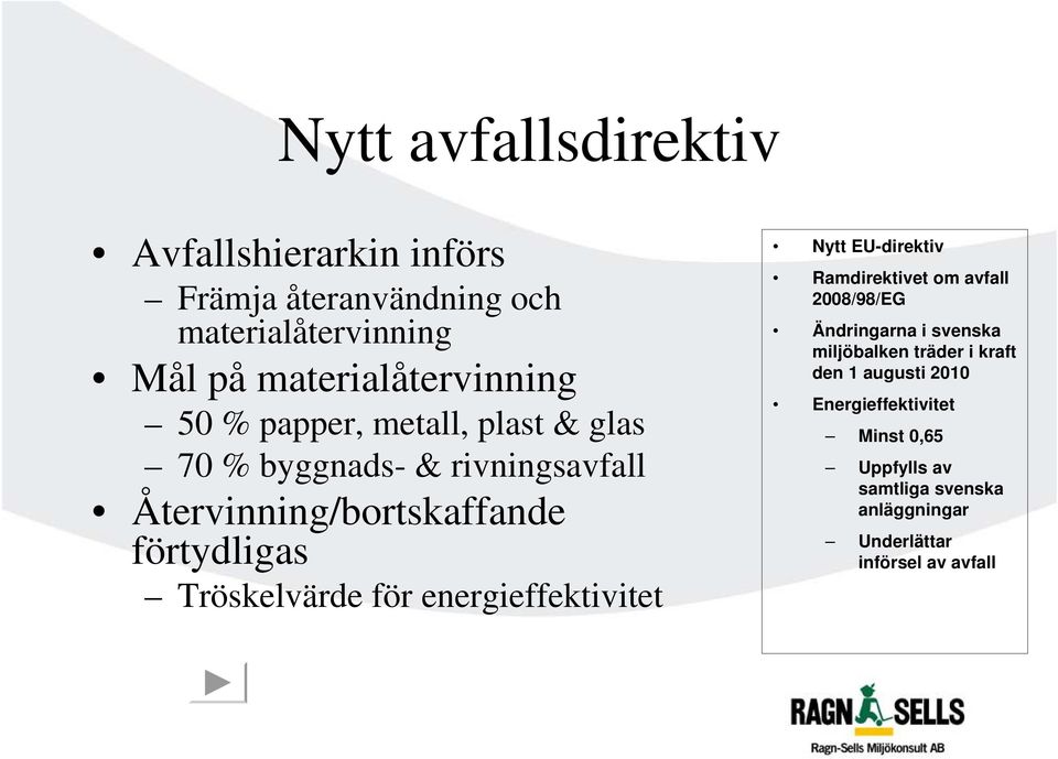 för energieffektivitet Nytt EU-direktiv Ramdirektivet om avfall 2008/98/EG Ändringarna i svenska miljöbalken träder i