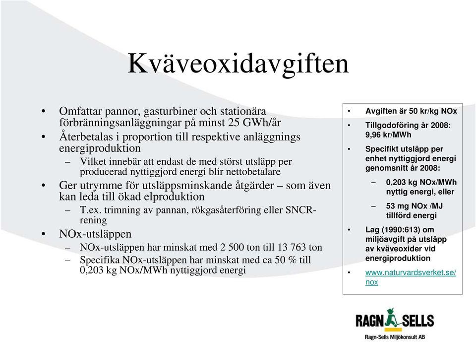 trimning av pannan, rökgasåterföring eller SNCRrening NOx-utsläppen NOx-utsläppen har minskat med 2 500 ton till 13 763 ton Specifika NOx-utsläppen har minskat med ca 50 % till 0,203 kg NOx/MWh