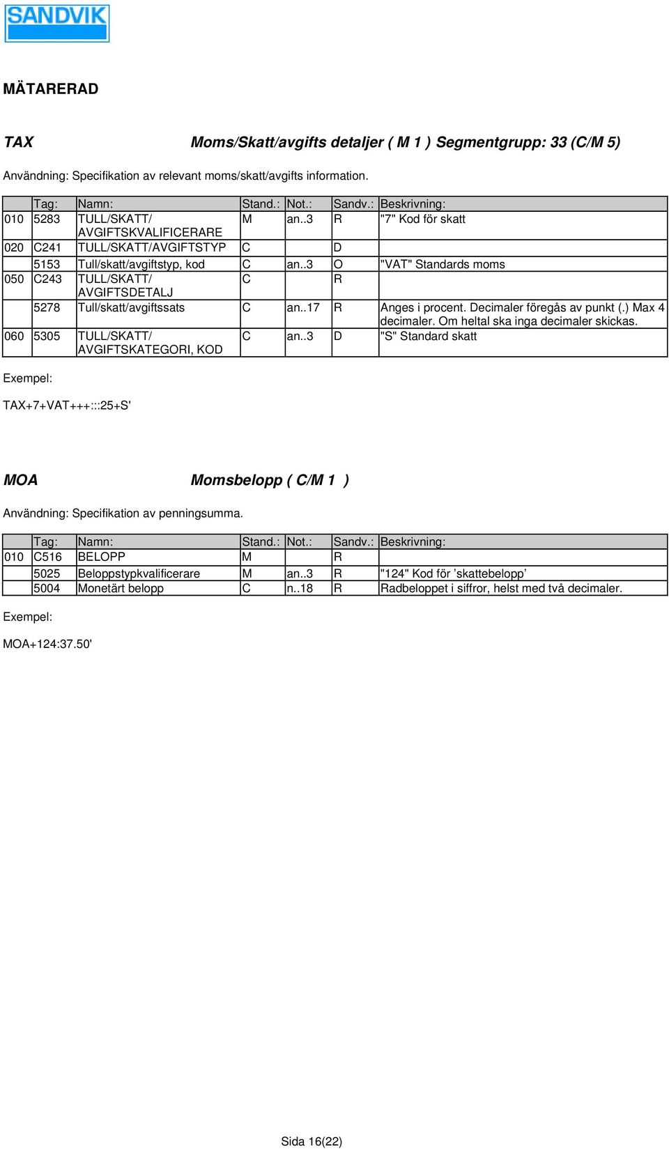 .3 O "VAT" Standards moms 050 C243 TULL/SKATT/ C R AVGIFTSDETALJ 5278 Tull/skatt/avgiftssats C an..17 R Anges i procent. Decimaler föregås av punkt (.) Max 4 decimaler.