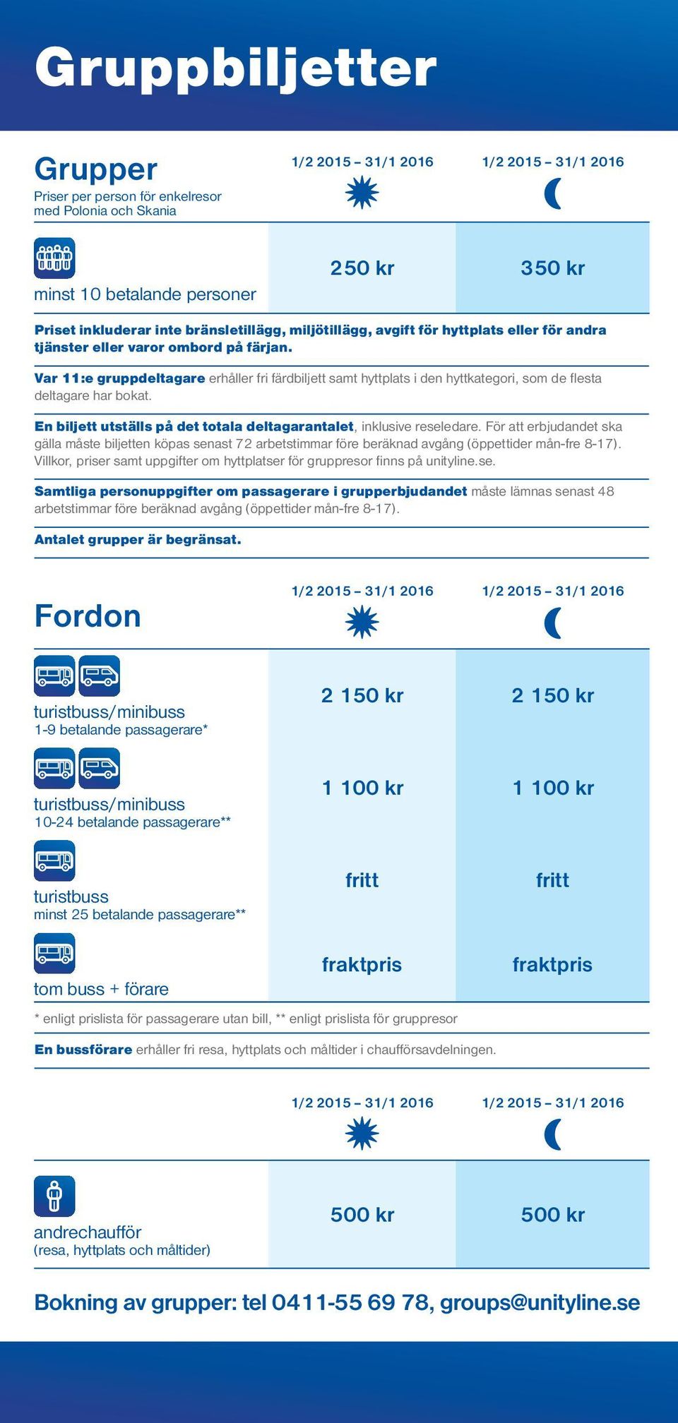 Var 11:e gruppdeltagare erhåller fri färdbiljett samt hyttplats i den hyttkategori, som de flesta deltagare har bokat. En biljett utställs på det totala deltagarantalet, inklusive reseledare.