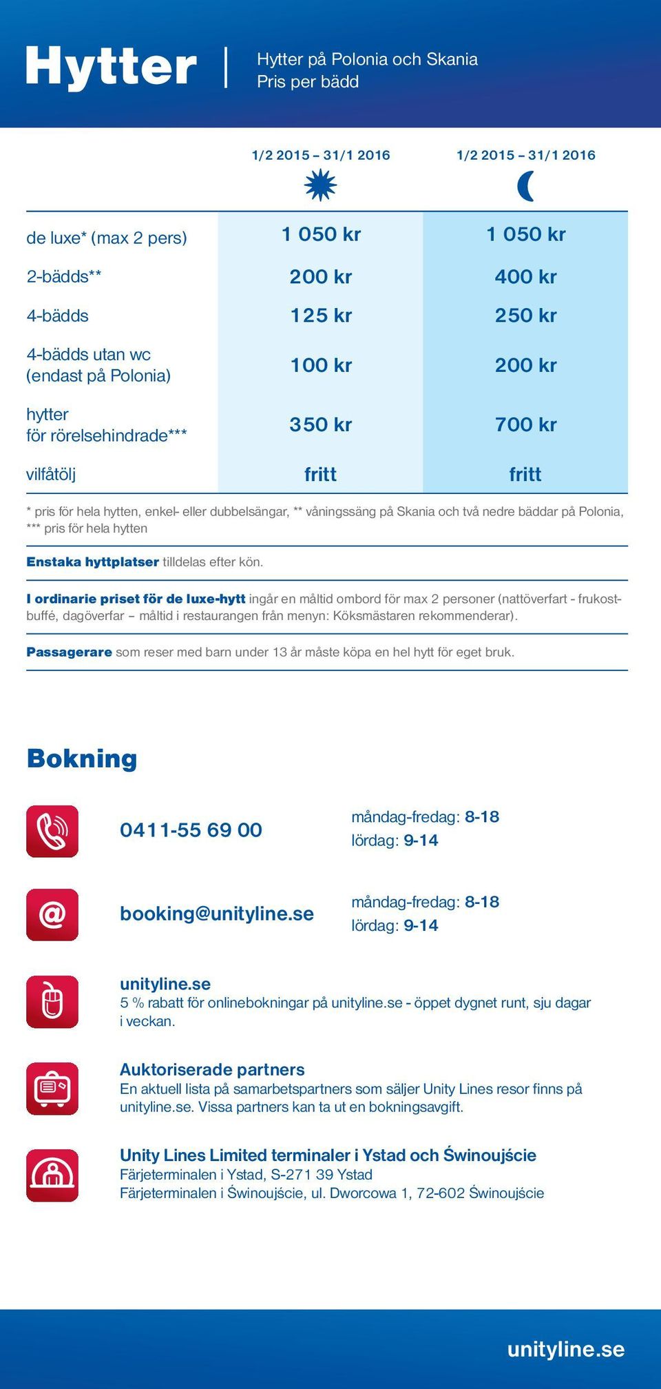 Polonia, *** pris för hela hytten Enstaka hyttplatser tilldelas efter kön.