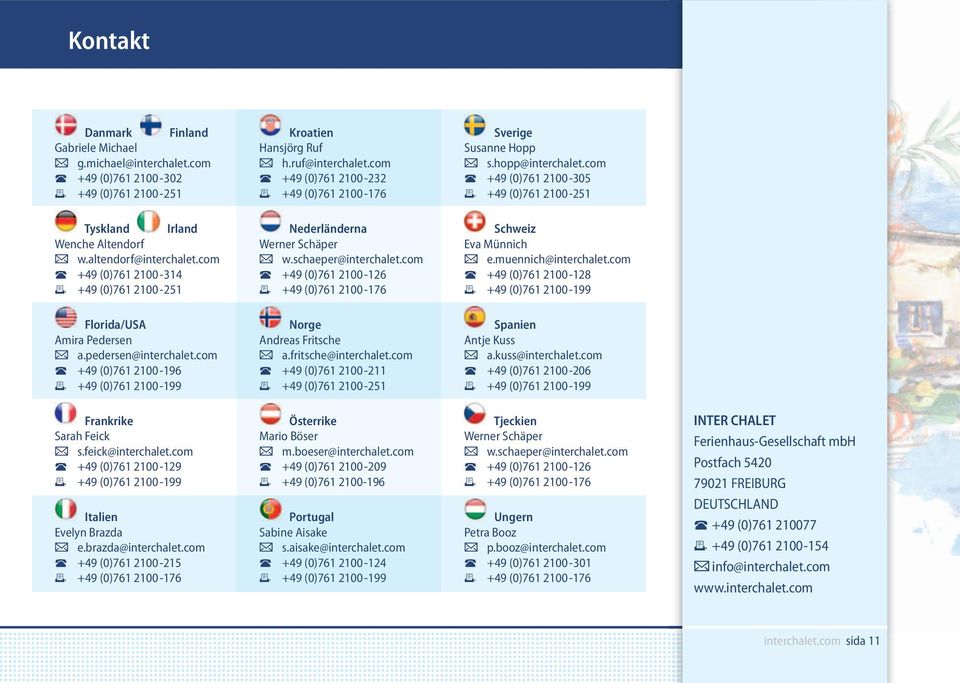 com +49 (0)761 2100-314 +49 (0)761 2100-251 Nederländerna Werner Schäper w.schaeper@interchalet.com +49 (0)761 2100-126 +49 (0)761 2100-176 Schweiz Eva Münnich e.muennich@interchalet.