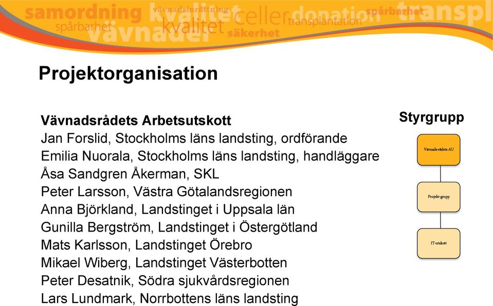 Uppsala län Gunilla Bergström, Landstinget i Östergötland Mats Karlsson, Landstinget Örebro Mikael Wiberg, Landstinget