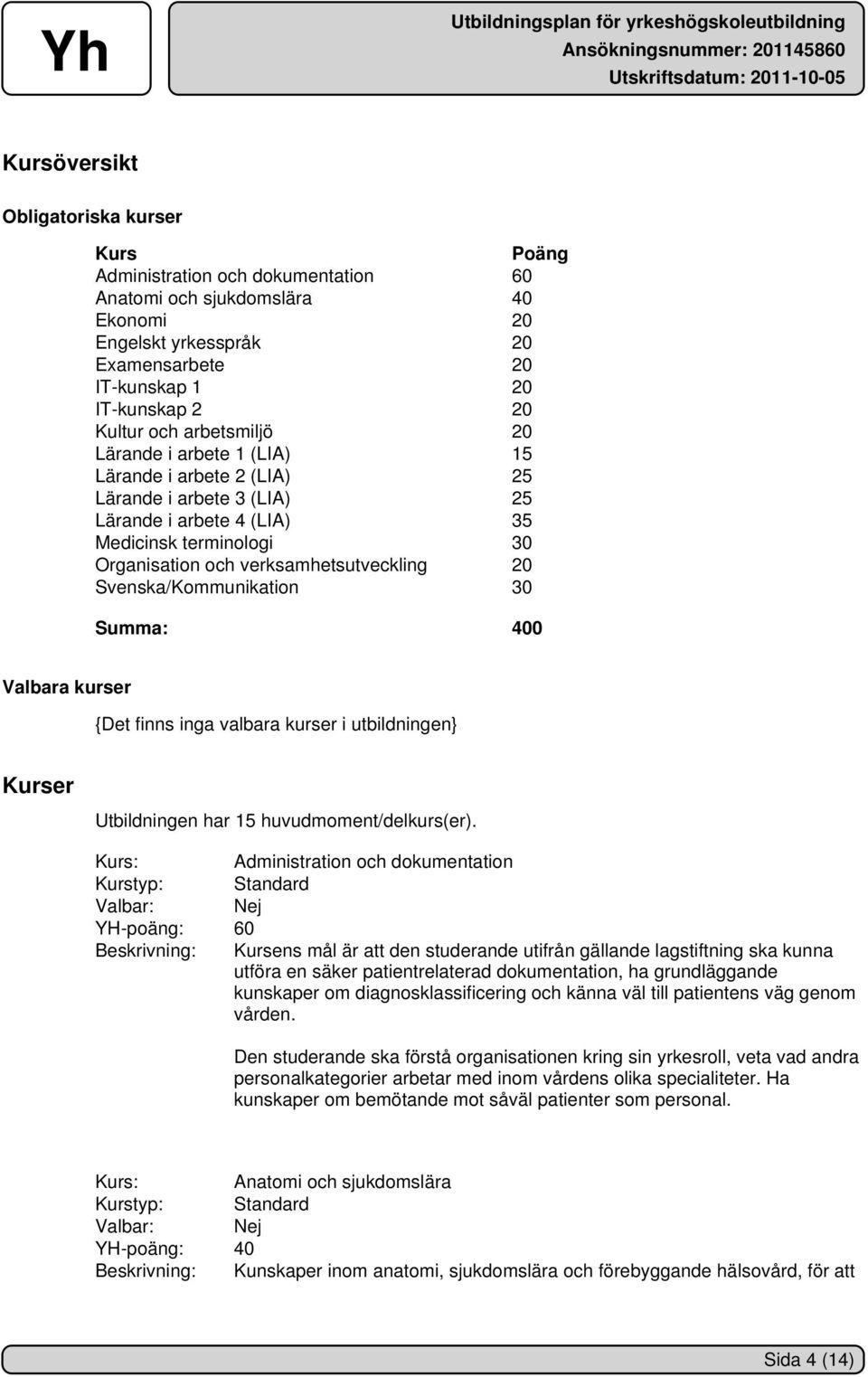 Svenska/Kommunikation 30 Summa: 400 Valbara kurser {Det finns inga valbara kurser i utbildningen} Kurser Utbildningen har 15 huvudmoment/delkurs(er).