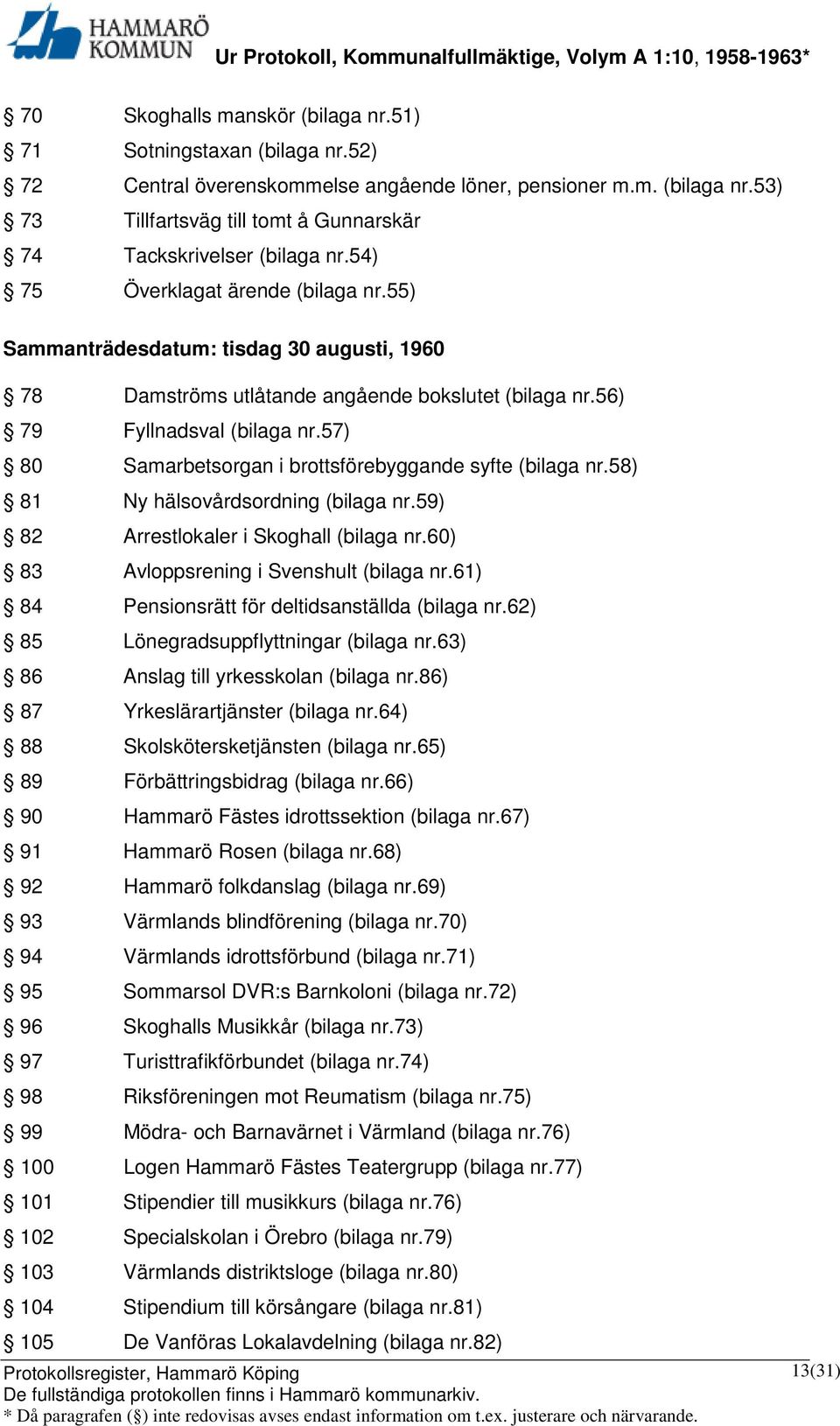57) 80 Samarbetsorgan i brottsförebyggande syfte (bilaga nr.58) 81 Ny hälsovårdsordning (bilaga nr.59) 82 Arrestlokaler i Skoghall (bilaga nr.60) 83 Avloppsrening i Svenshult (bilaga nr.