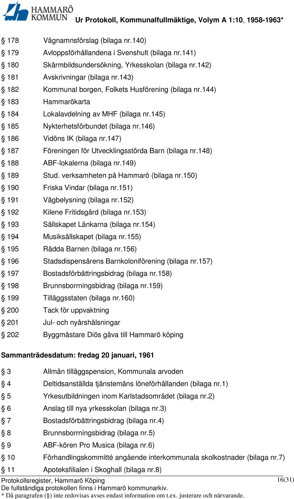 147) 187 Föreningen för Utvecklingsstörda Barn (bilaga nr.148) 188 ABF-lokalerna (bilaga nr.149) 189 Stud. verksamheten på Hammarö (bilaga nr.150) 190 Friska Vindar (bilaga nr.