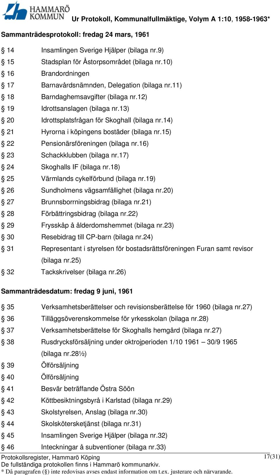 15) 22 Pensionärsföreningen (bilaga nr.16) 23 Schackklubben (bilaga nr.17) 24 Skoghalls IF (bilaga nr.18) 25 Värmlands cykelförbund (bilaga nr.19) 26 Sundholmens vägsamfällighet (bilaga nr.