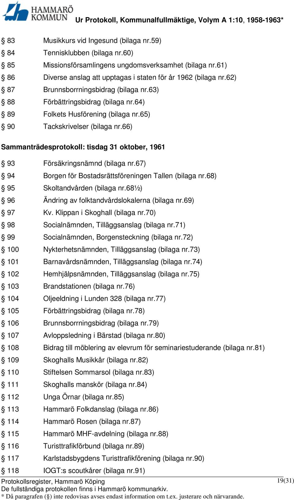 66) Sammanträdesprotokoll: tisdag 31 oktober, 1961 93 Försäkringsnämnd (bilaga nr.67) 94 Borgen för Bostadsrättsföreningen Tallen (bilaga nr.68) 95 Skoltandvården (bilaga nr.