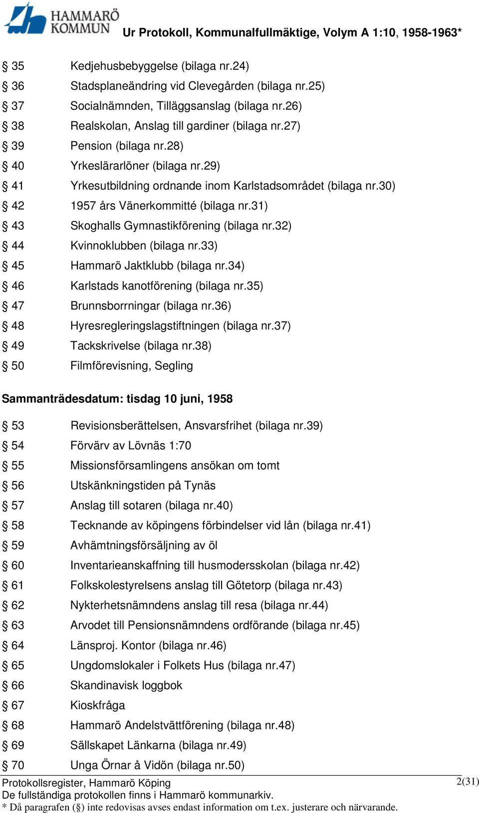 31) 43 Skoghalls Gymnastikförening (bilaga nr.32) 44 Kvinnoklubben (bilaga nr.33) 45 Hammarö Jaktklubb (bilaga nr.34) 46 Karlstads kanotförening (bilaga nr.35) 47 Brunnsborrningar (bilaga nr.