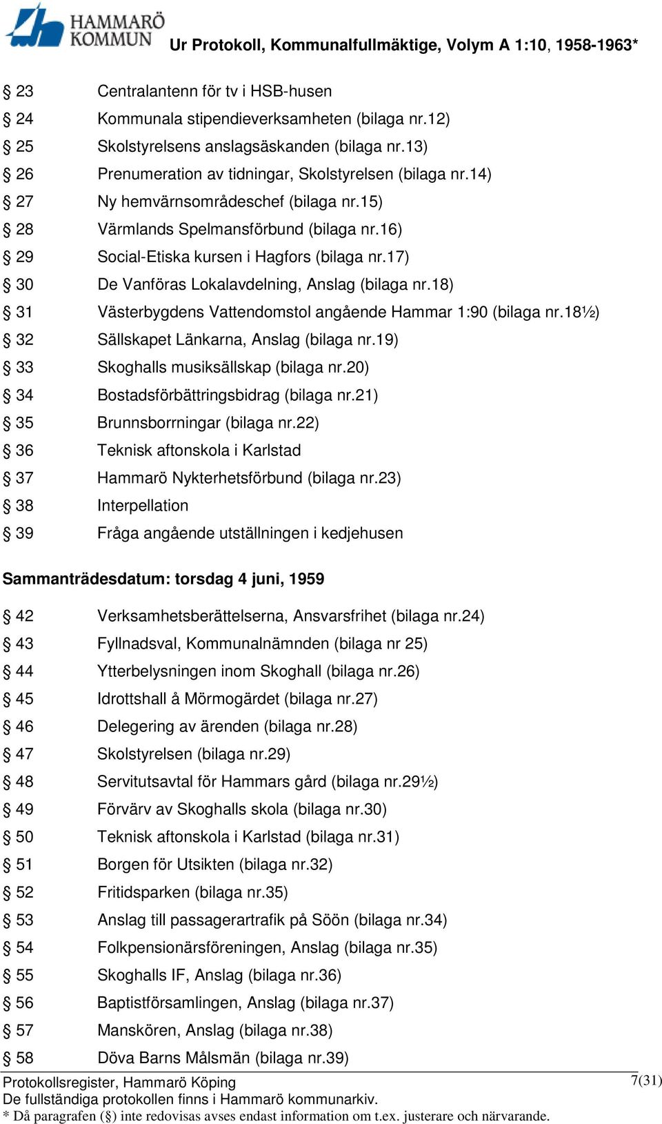18) 31 Västerbygdens Vattendomstol angående Hammar 1:90 (bilaga nr.18½) 32 Sällskapet Länkarna, Anslag (bilaga nr.19) 33 Skoghalls musiksällskap (bilaga nr.20) 34 Bostadsförbättringsbidrag (bilaga nr.
