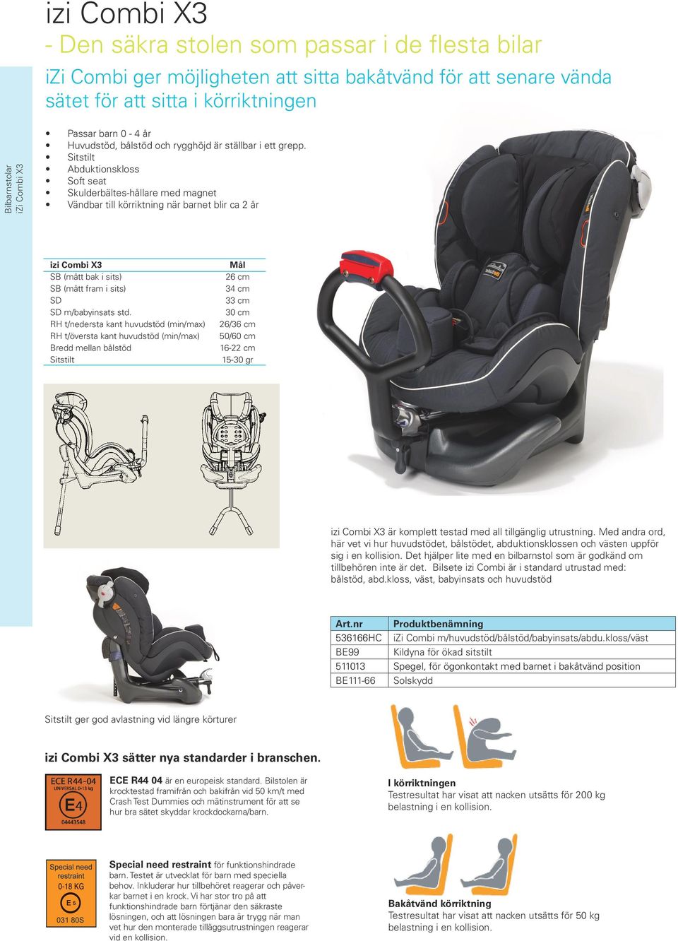 Sitstilt Abduktionskloss Soft seat Skulderbältes-hållare med magnet Vändbar till körriktning när barnet blir ca 2 år izi Combi X3 SB (mått bak i sits) SB (mått fram i sits) SD SD m/babyinsats std.