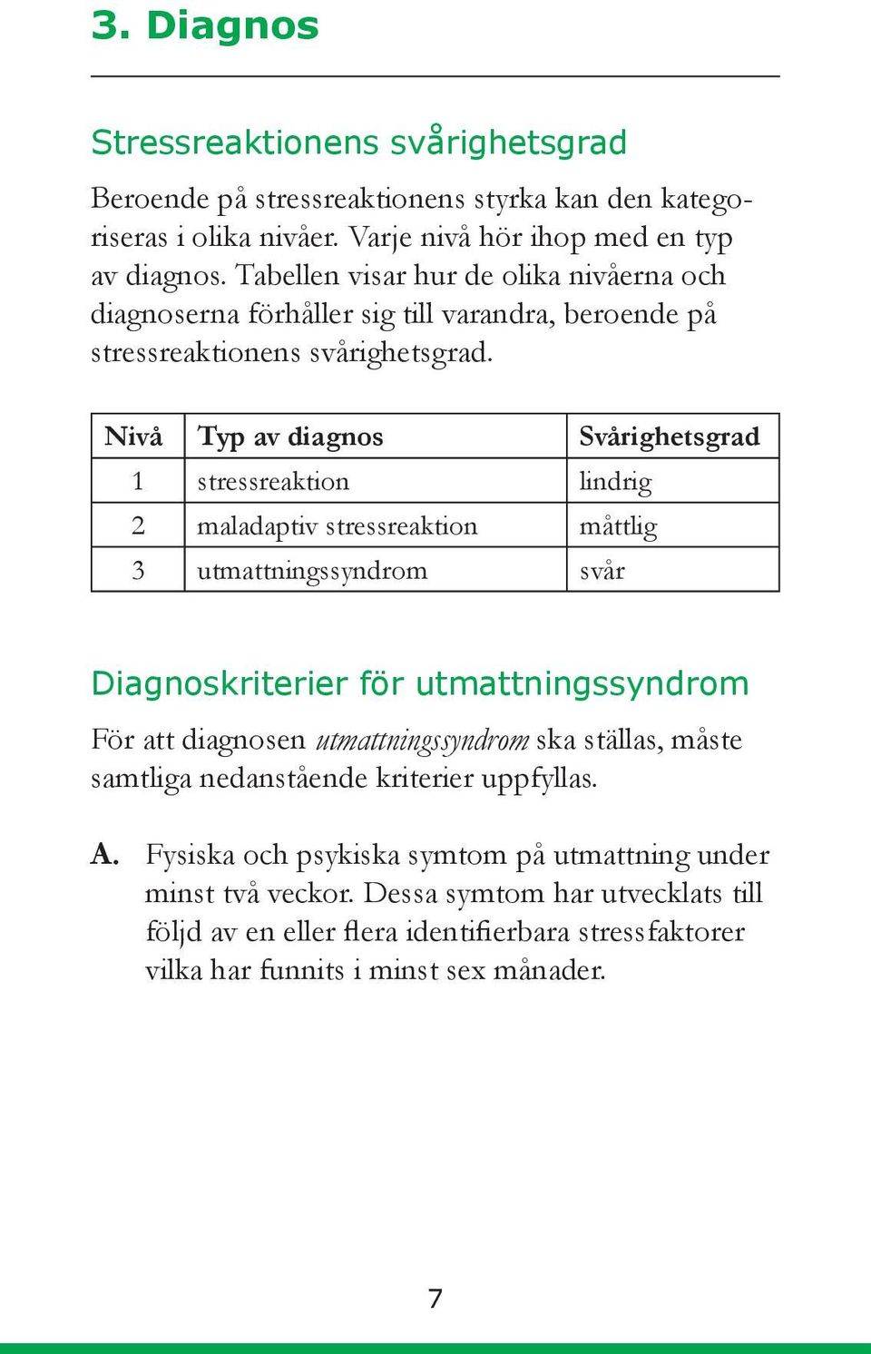 Nivå Typ av diagnos Svårighetsgrad 1 stressreaktion lindrig 2 maladaptiv stressreaktion måttlig 3 utmattningssyndrom svår Diagnoskriterier för utmattningssyndrom För att diagnosen