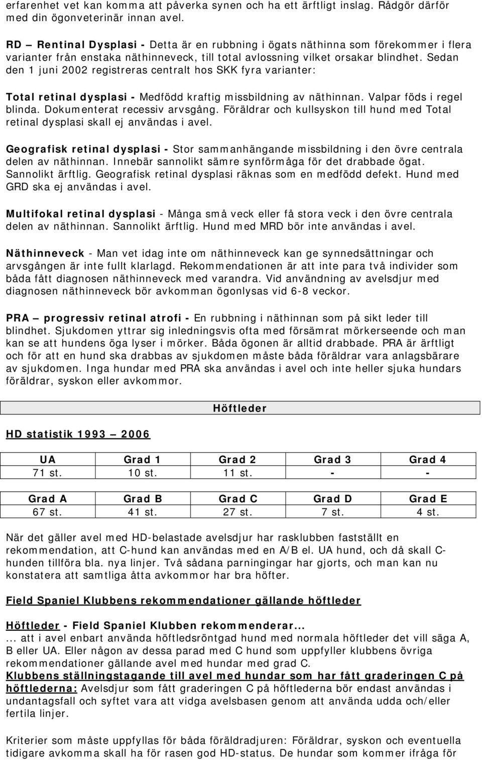 Sedan den 1 juni 2002 registreras centralt hos SKK fyra varianter: Total retinal dysplasi - Medfödd kraftig missbildning av näthinnan. Valpar föds i regel blinda. Dokumenterat recessiv arvsgång.