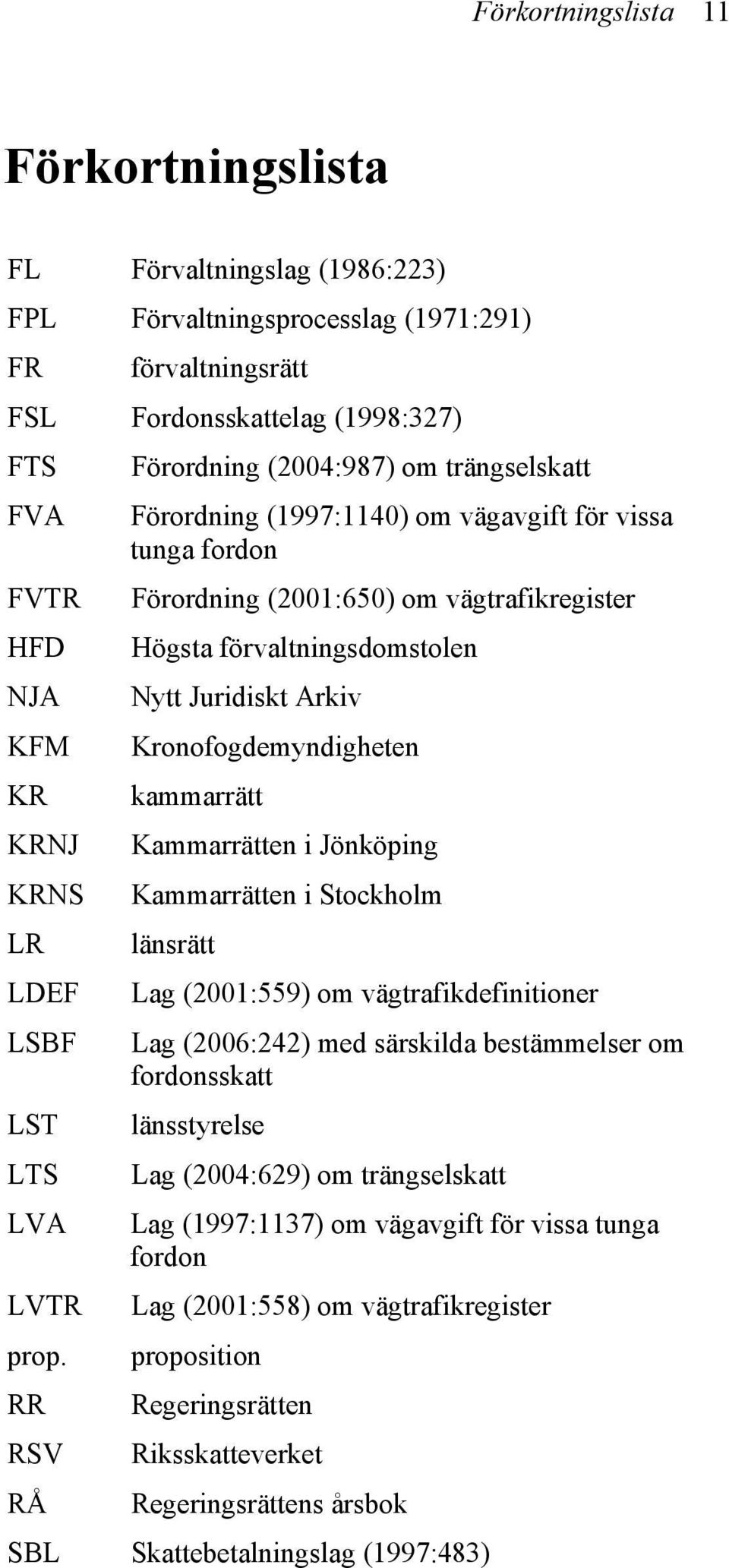 Kronofogdemyndigheten KR kammarrätt KRNJ Kammarrätten i Jönköping KRNS Kammarrätten i Stockholm LR länsrätt LDEF Lag (2001:559) om vägtrafikdefinitioner LSBF Lag (2006:242) med särskilda bestämmelser