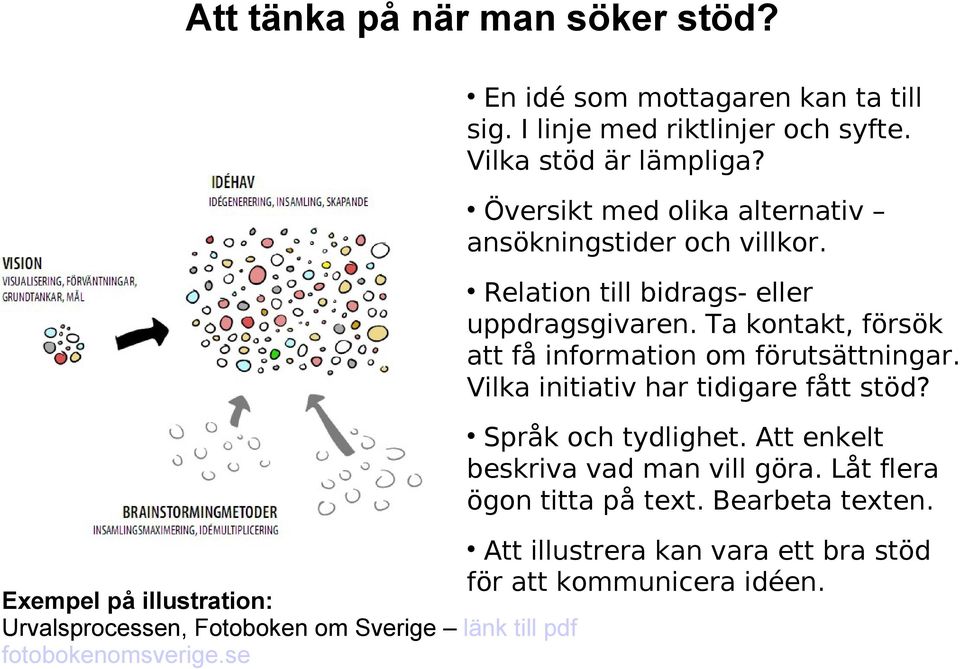 Ta kontakt, försök att få information om förutsättningar. Vilka initiativ har tidigare fått stöd? Språk och tydlighet.