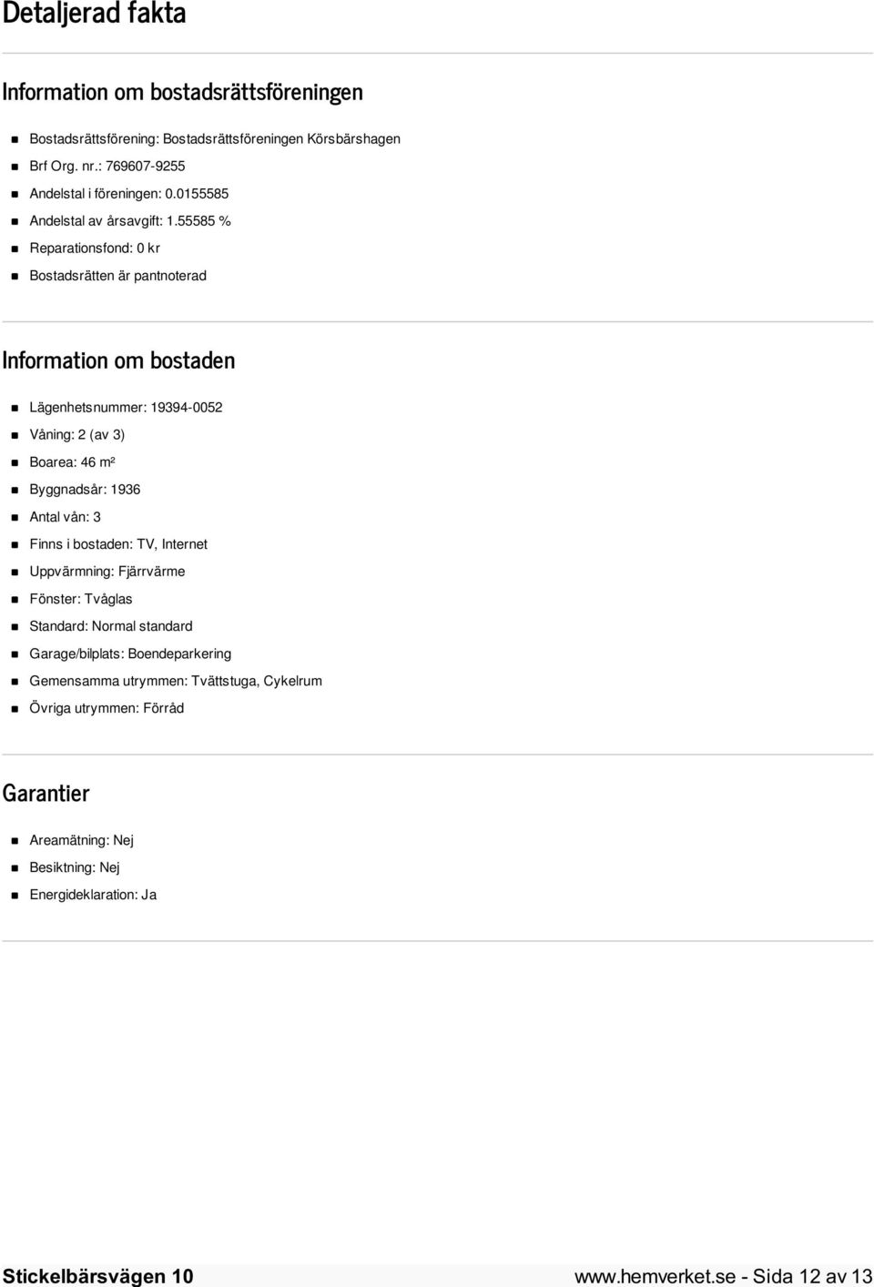 55585 % Reparationsfond: 0 kr Bostadsrätten är pantnoterad Information om bostaden Lägenhetsnummer: 19394-0052 Våning: 2 (av 3) Boarea: 46 m² Byggnadsår: 1936 Antal