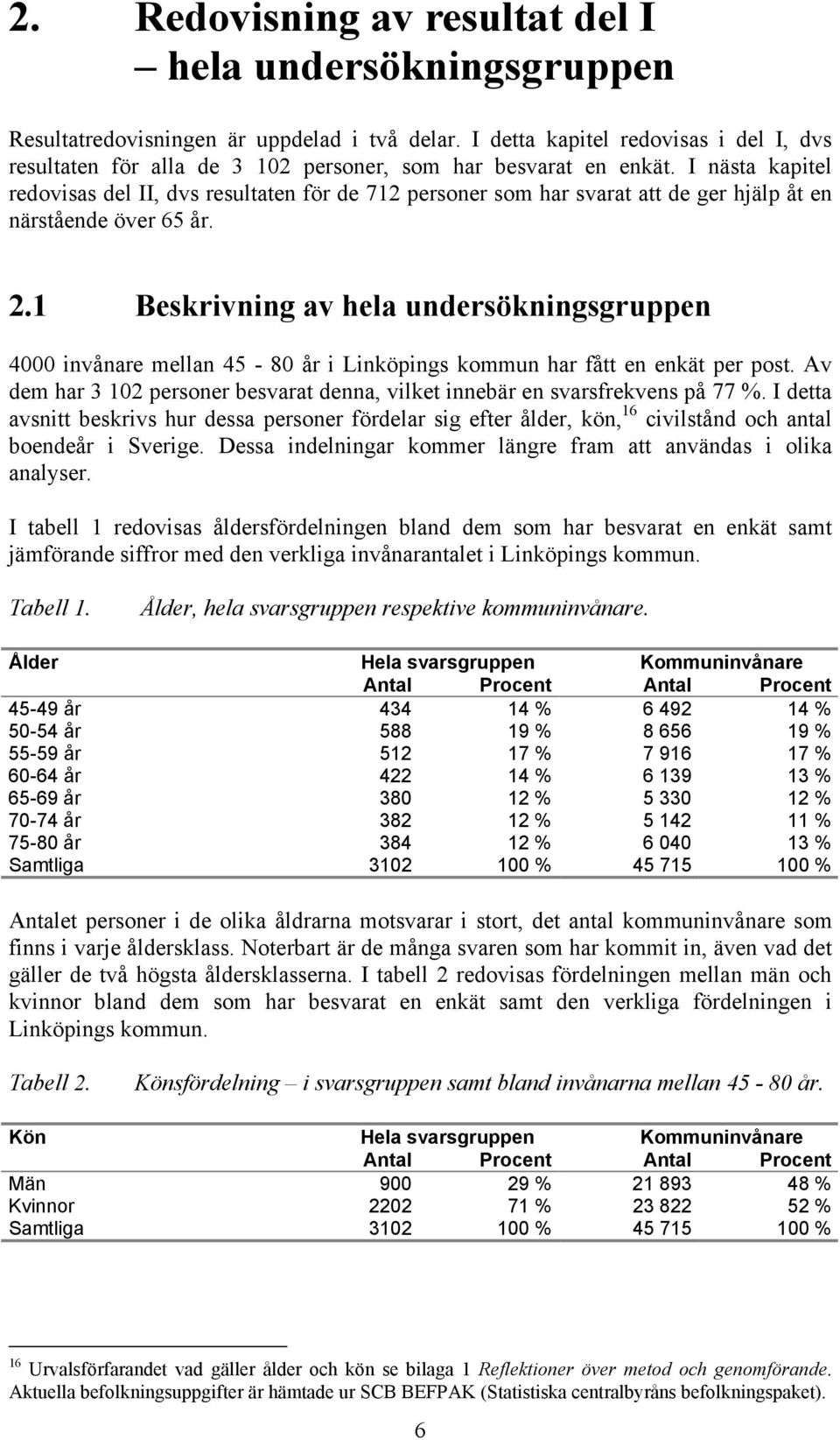 I nästa kapitel redovisas del II, dvs resultaten för de 712 personer som har svarat att de ger hjälp åt en närstående över 65 år. 2.
