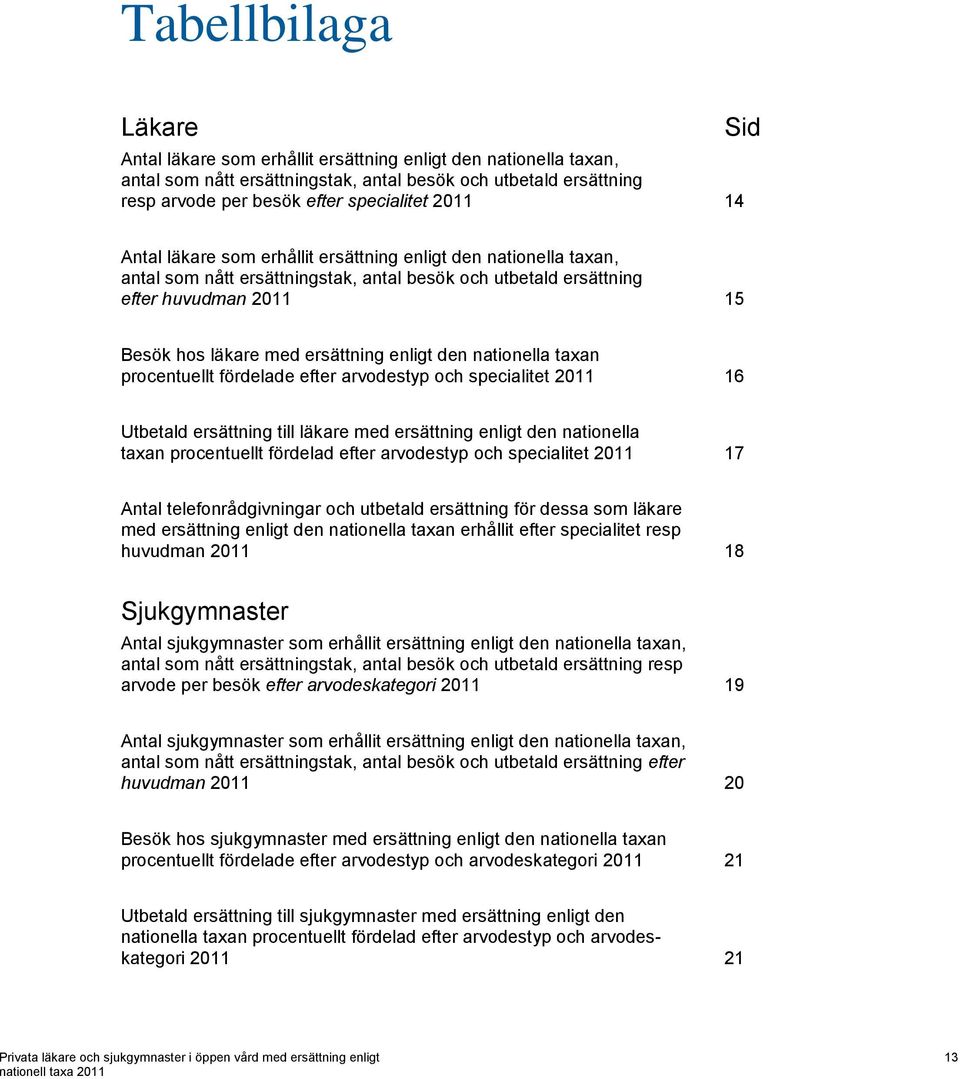 enligt den nationella taxan procentuellt fördelade efter arvodestyp och specialitet 2011 16 Utbetald ersättning till läkare med ersättning enligt den nationella taxan procentuellt fördelad efter