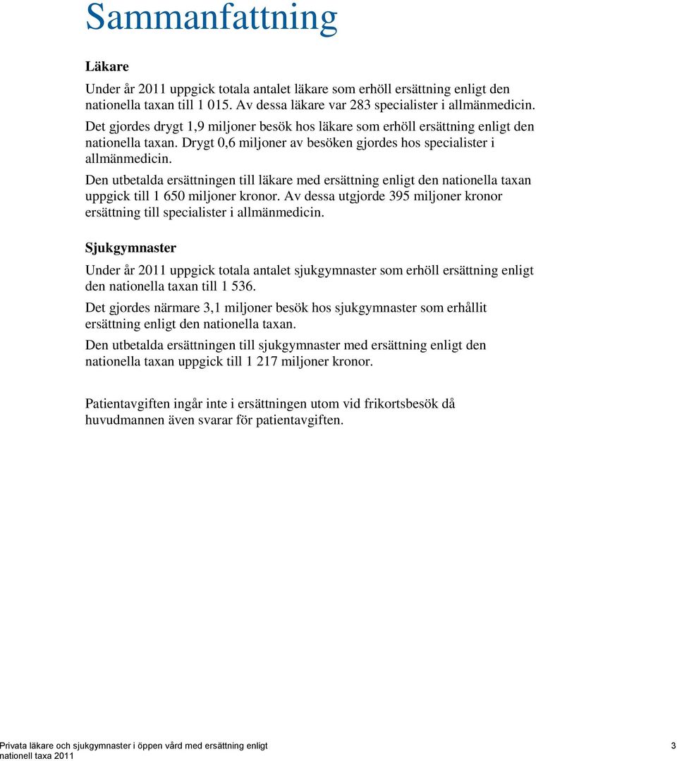 Den utbetalda ersättningen till läkare med ersättning enligt den nationella taxan uppgick till 1 650 miljoner kronor.