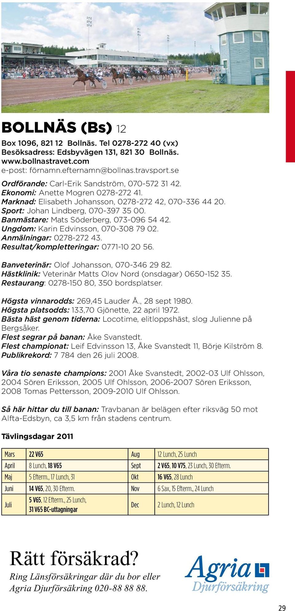 Banmästare: Mats Söderberg, 073-096 54 42. Ungdom: Karin Edvinsson, 070-308 79 02. Anmälningar: 0278-272 43. Resultat/kompletteringar: 0771-10 20 56. Banveterinär: Olof Johansson, 070-346 29 82.