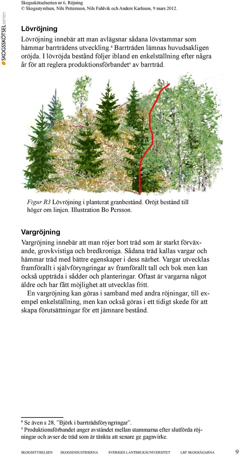 Illustration Bo Persson. Vargröjning Vargröjning innebär att man röjer bort träd som är starkt förväxande, grovkvistiga och bredkroniga.