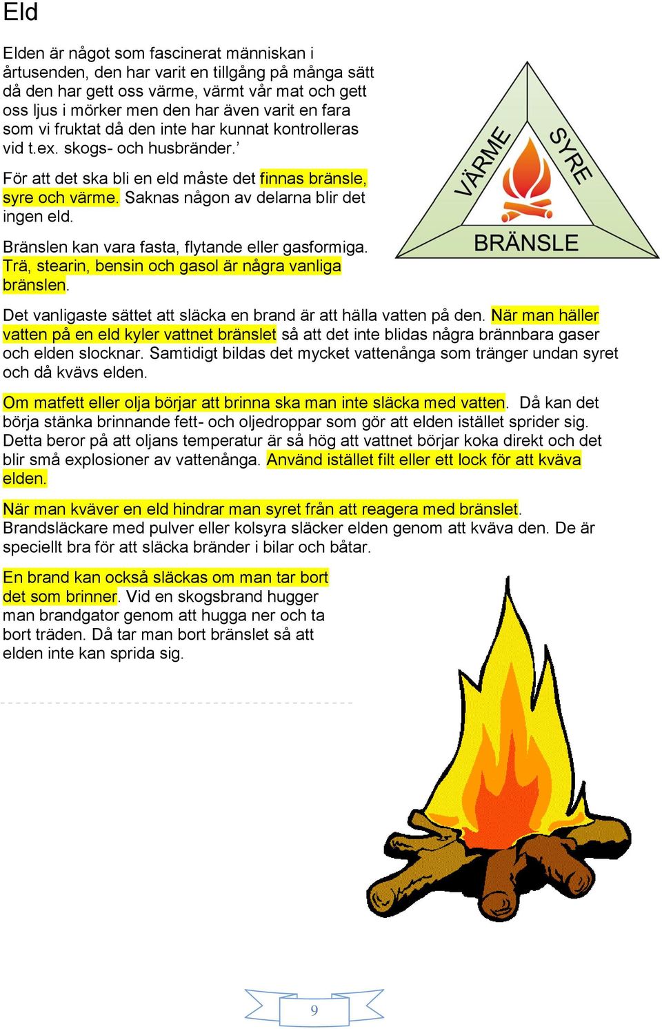 Bränslen kan vara fasta, flytande eller gasformiga. Trä, stearin, bensin och gasol är några vanliga bränslen. Det vanligaste sättet att släcka en brand är att hälla vatten på den.